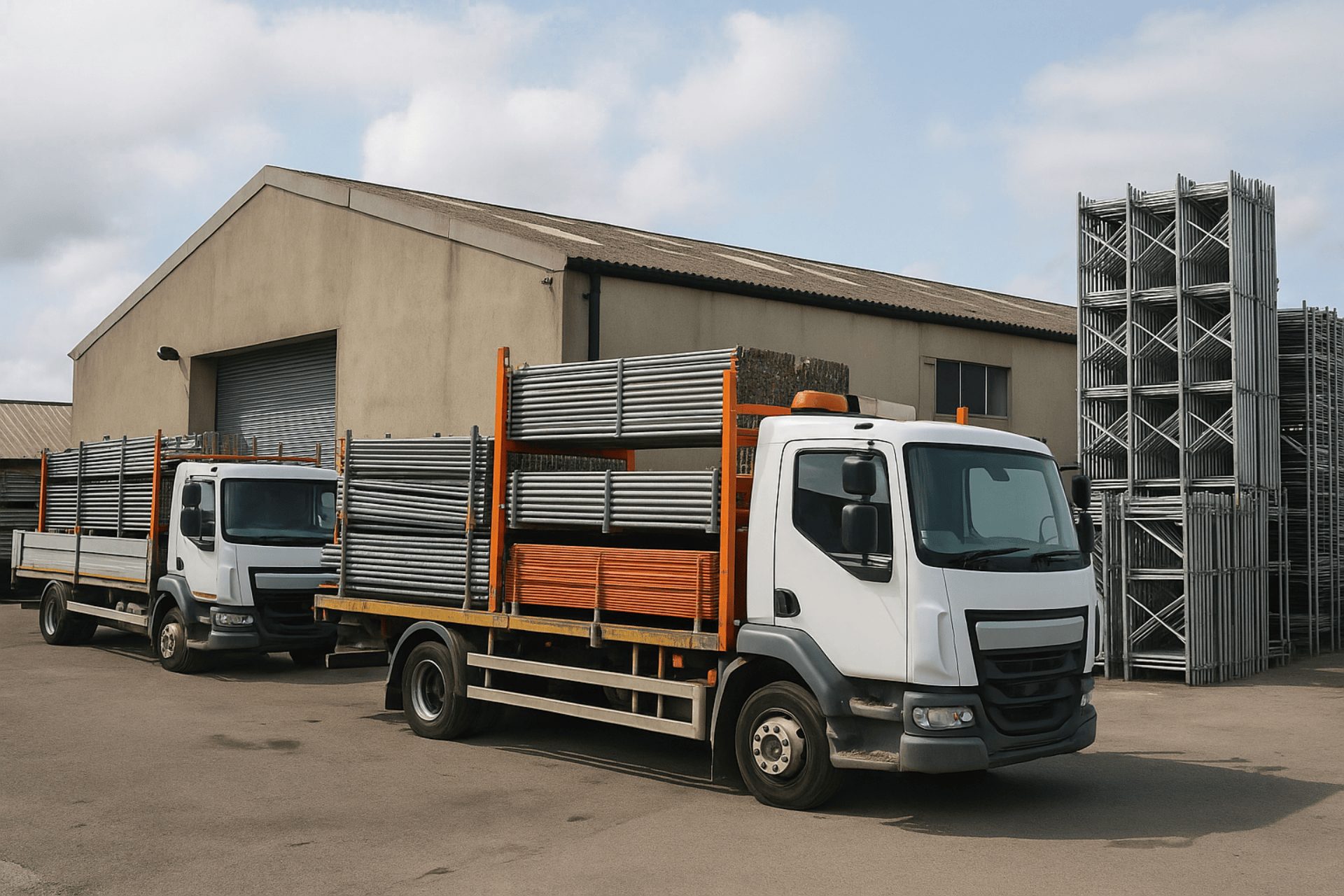 A scaffolding firm Swansea depot with flatbed lorries loaded with scaffold poles parked outside an industrial warehouse