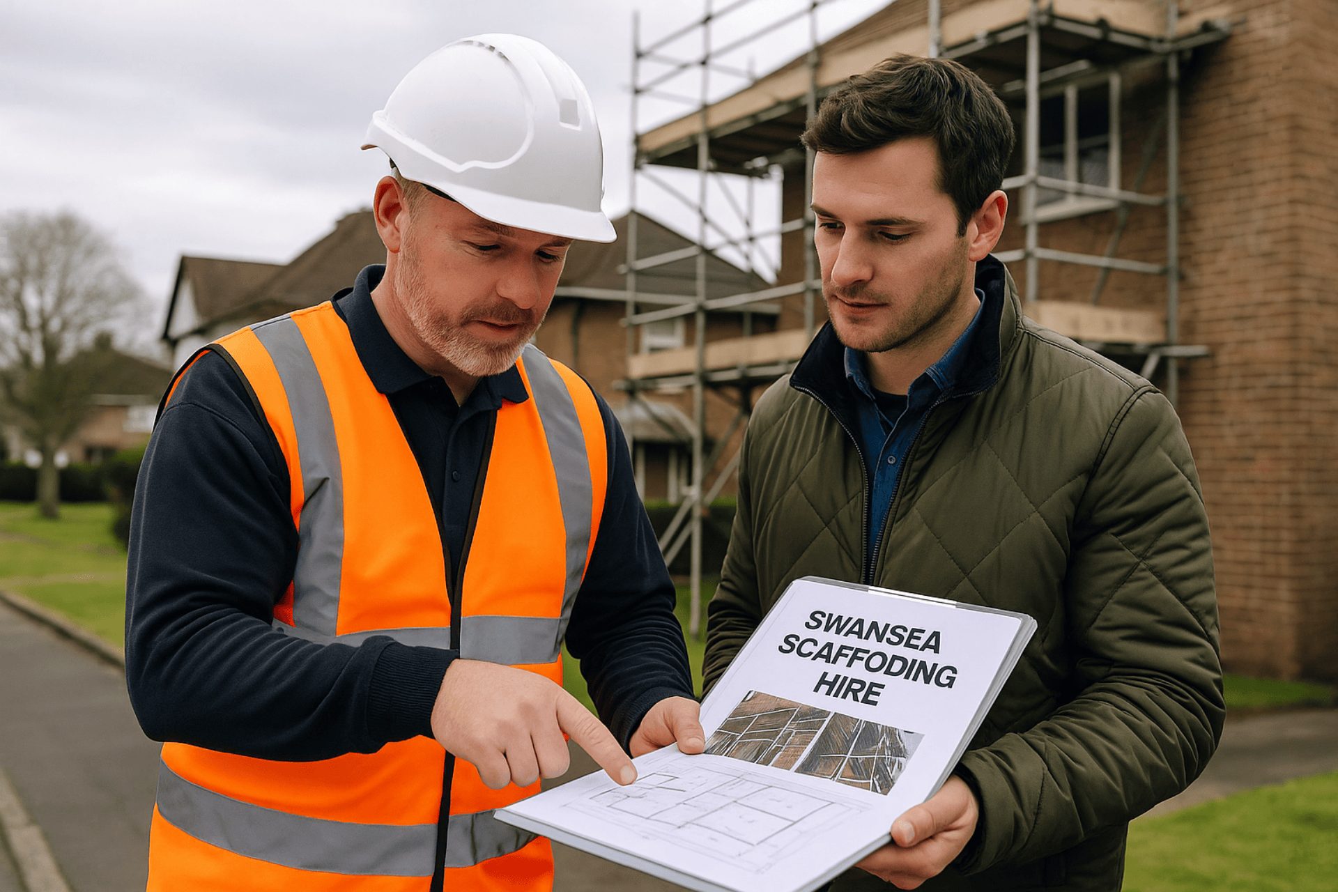 A Swansea scaffolding hire worker in hi-vis and hard hat reviews site plans with a client in front of a house covered in scaffolding